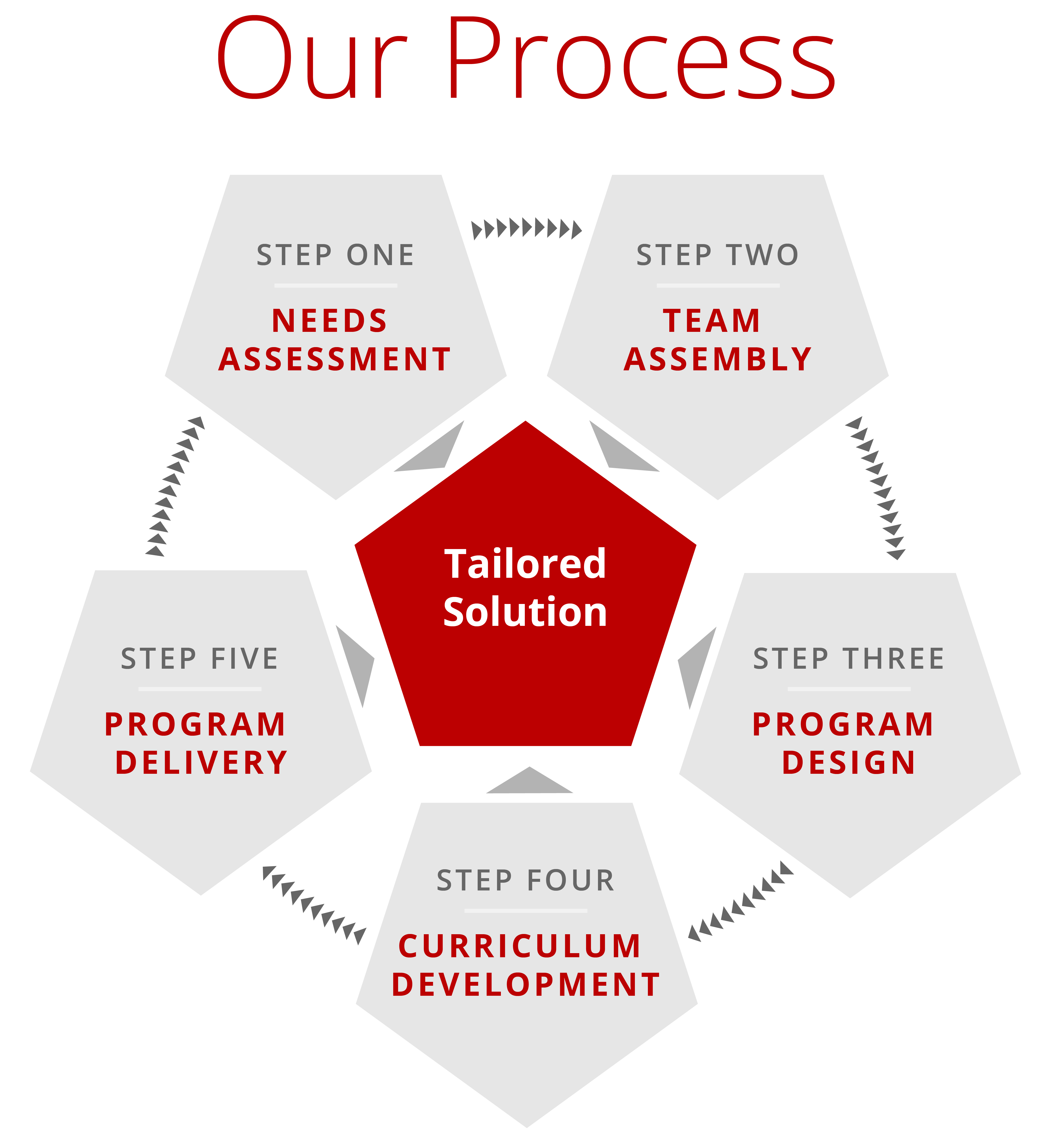 Tailored Solutions are developed through the following steps: Needs Assessment, Team Assembly, Program Design, Curriculum Development, and Program Delivery.
